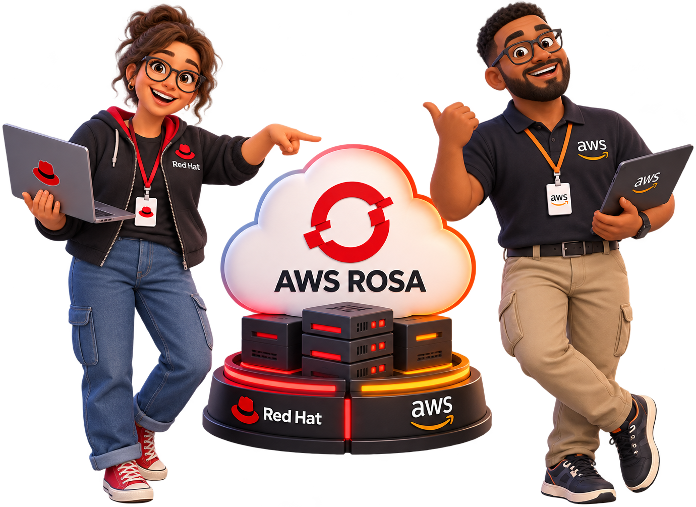Engenheiros da Red Hat e da AWS ao lado da nuvem AWS ROSA
